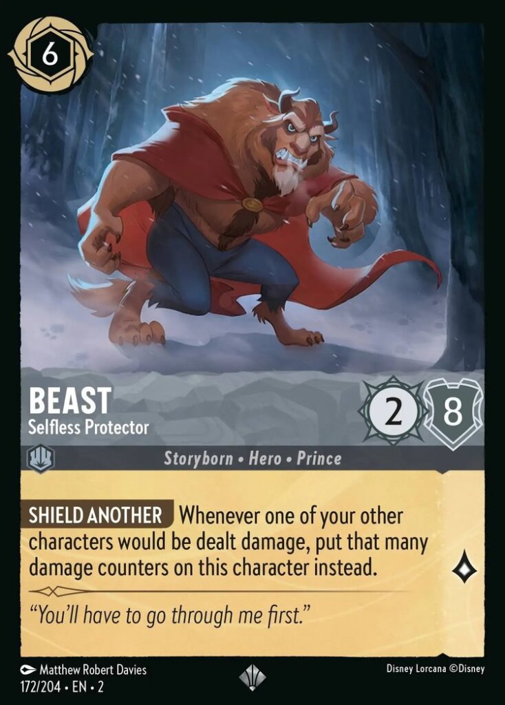 Disney Lorcana Set 2 Rise of the Floodborn. Beast "Selfless Protector" super rare trading card.