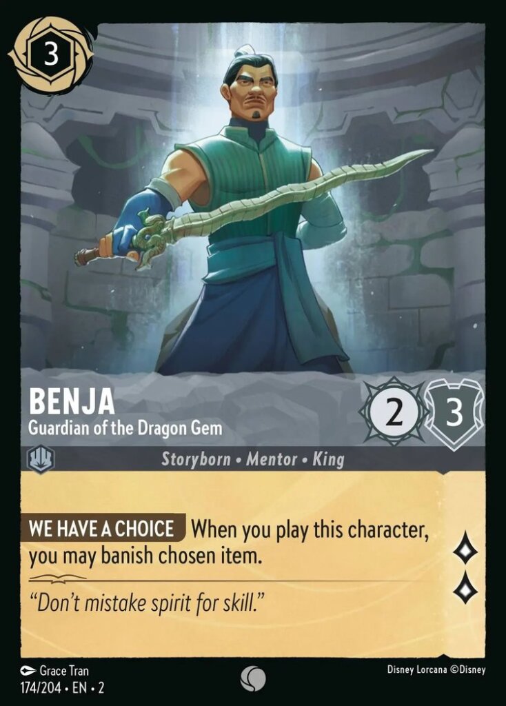 Disney Lorcana Set 2 Rise of the Floodborn. Benja "Guardian of the dragon Gem" common trading card.