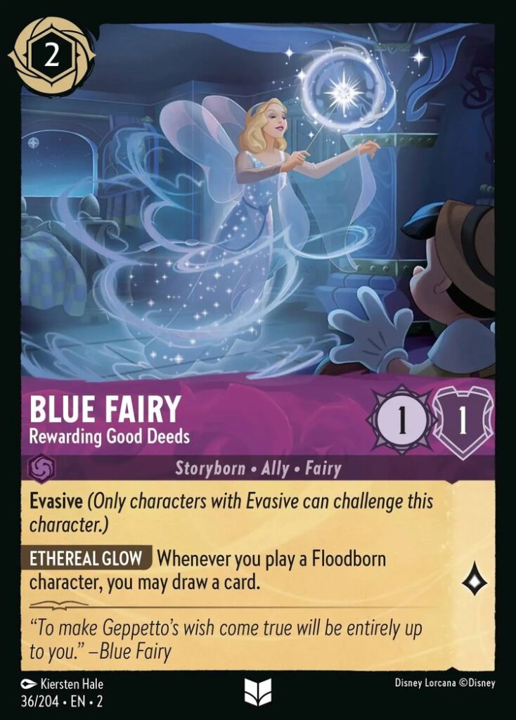 Disney Lorcana Set 2 Rise of the Floodborn. Blue Fairy "Rewarding Good Deeds" uncommon trading card.