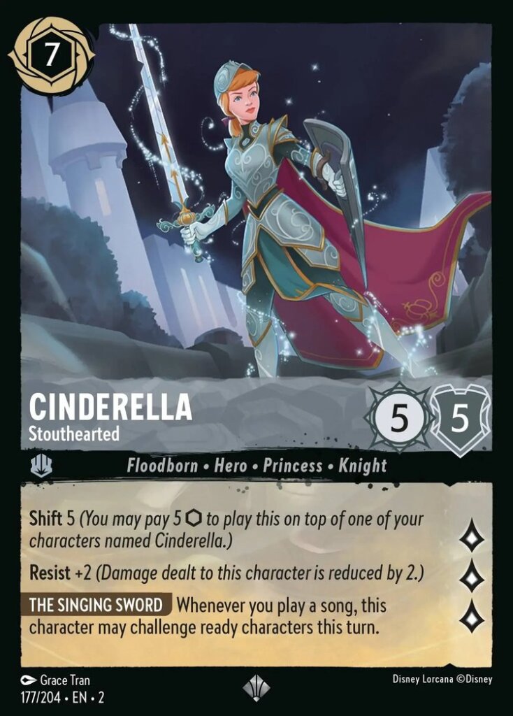 Disney Lorcana Set 2 Rise of the Floodborn. Cinderella "Stouthearted" super rare trading card.