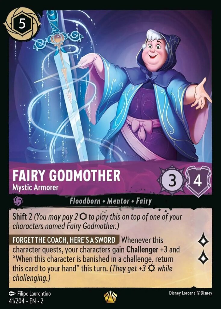 Disney Lorcana Set 2 Rise of the Floodborn. Fairy Godmother "Mystic Armorer" legendary trading card.