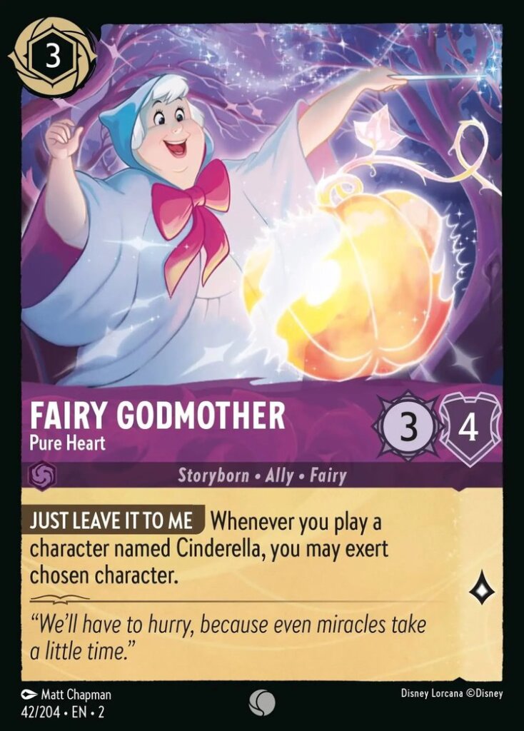 Disney Lorcana Set 2 Rise of the Floodborn. Fairy Godmother "Pure Heart" common trading card.