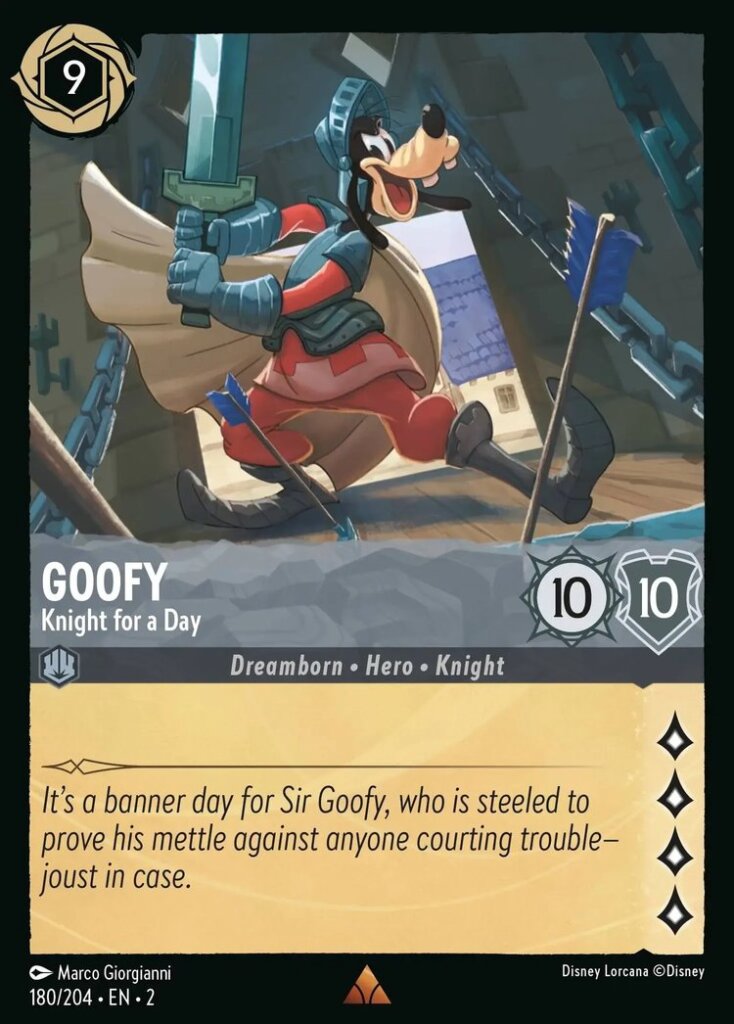 Disney Lorcana Set 2 Rise of the Floodborn. Goofy "Knight for a Day" rare trading card.