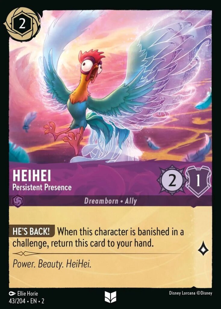 Disney Lorcana Set 2 Rise of the Floodborn. HeiHei "Persistent Presence" uncommon trading card.