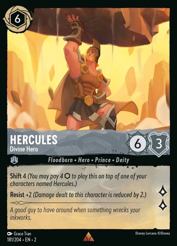 Disney Lorcana Set 2 Rise of the Floodborn. Hercules "Divine Hero" rare trading card.