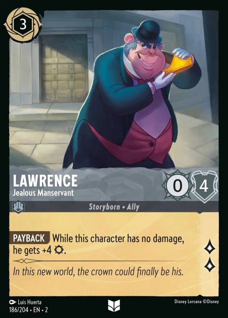 Disney Lorcana Set 2 Rise of the Floodborn. Lawrence "Jealous Manservant" uncommon trading card.