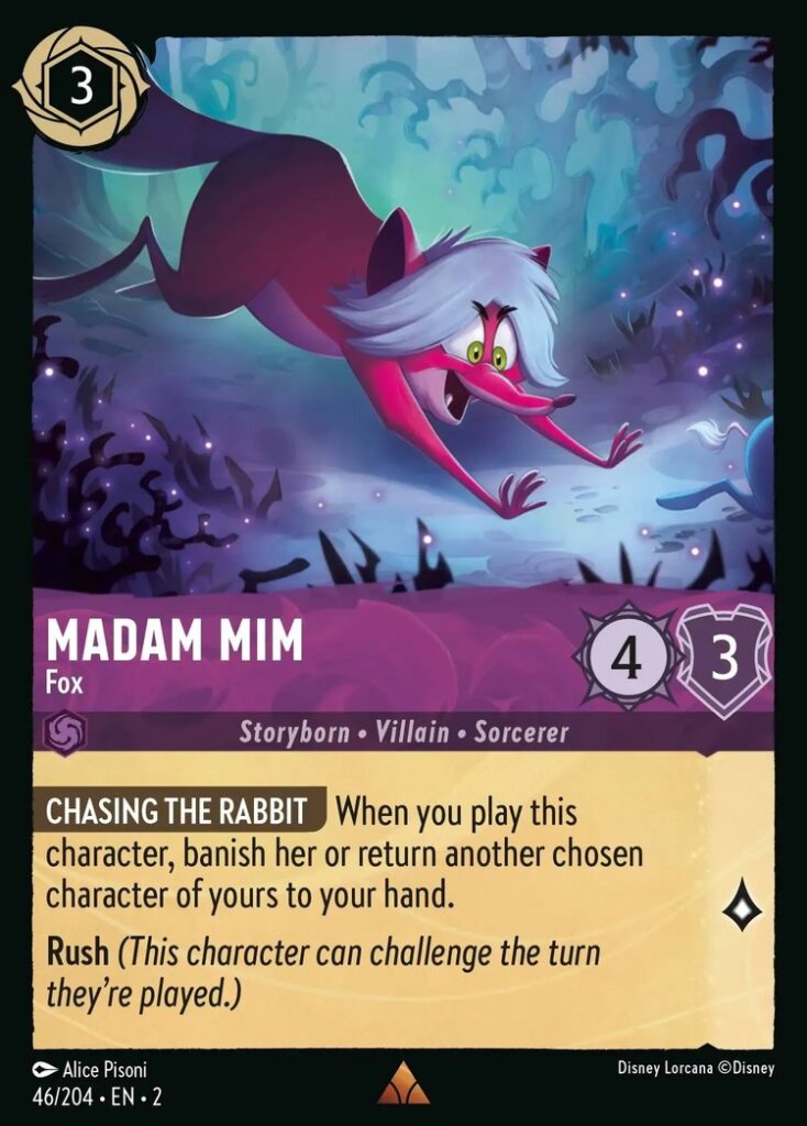 Disney Lorcana Set 2 Rise of the Floodborn. Madam Mim "Fox" rare trading card.