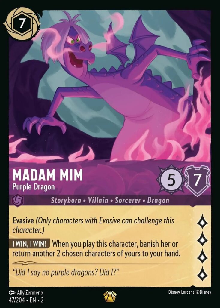 Disney Lorcana Set 2 Rise of the Floodborn. Madam Mim "Purple Dragon" legendary trading card.