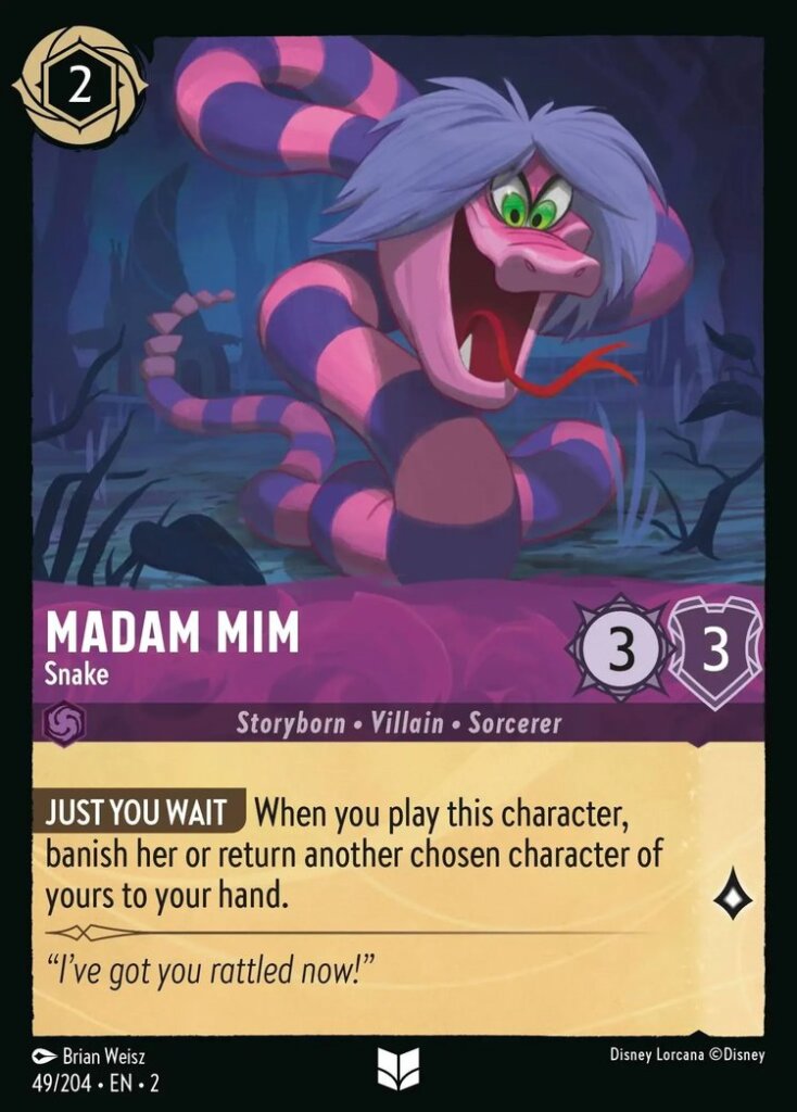 Disney Lorcana Set 2 Rise of the Floodborn. Madam Mim "Snake" uncommon trading card.