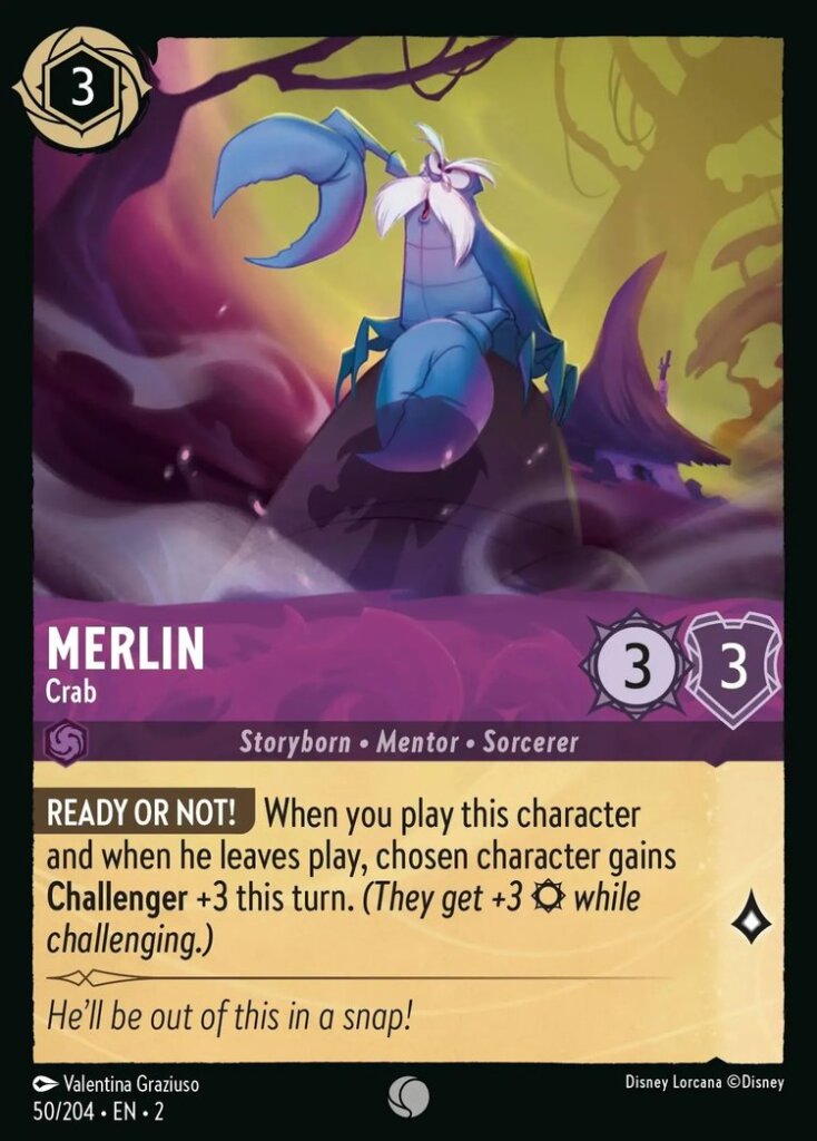 Disney Lorcana Set 2 Rise of the Floodborn. Merlin "Crab" common trading card.