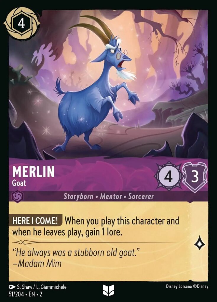 Disney Lorcana Set 2 Rise of the Floodborn. Merlin "Goat" uncommon trading card.