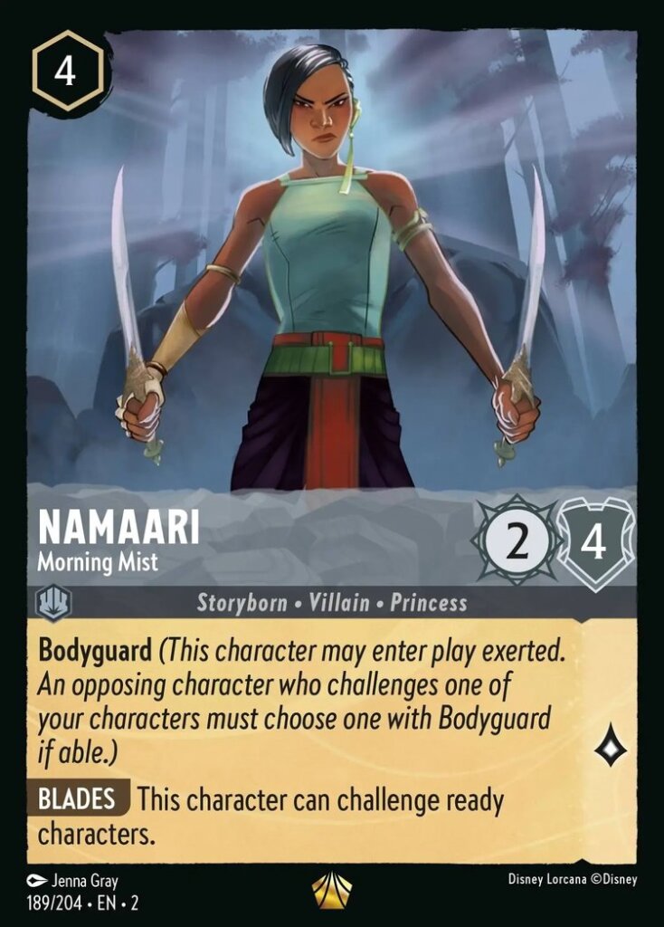 Disney Lorcana Set 2 Rise of the Floodborn. Namaari "Morning Mist" legendary trading card.