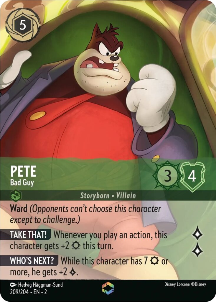 Disney Lorcana Set 2 Rise of the Floodborn. Pete "Bad Guy" Enchanted card.