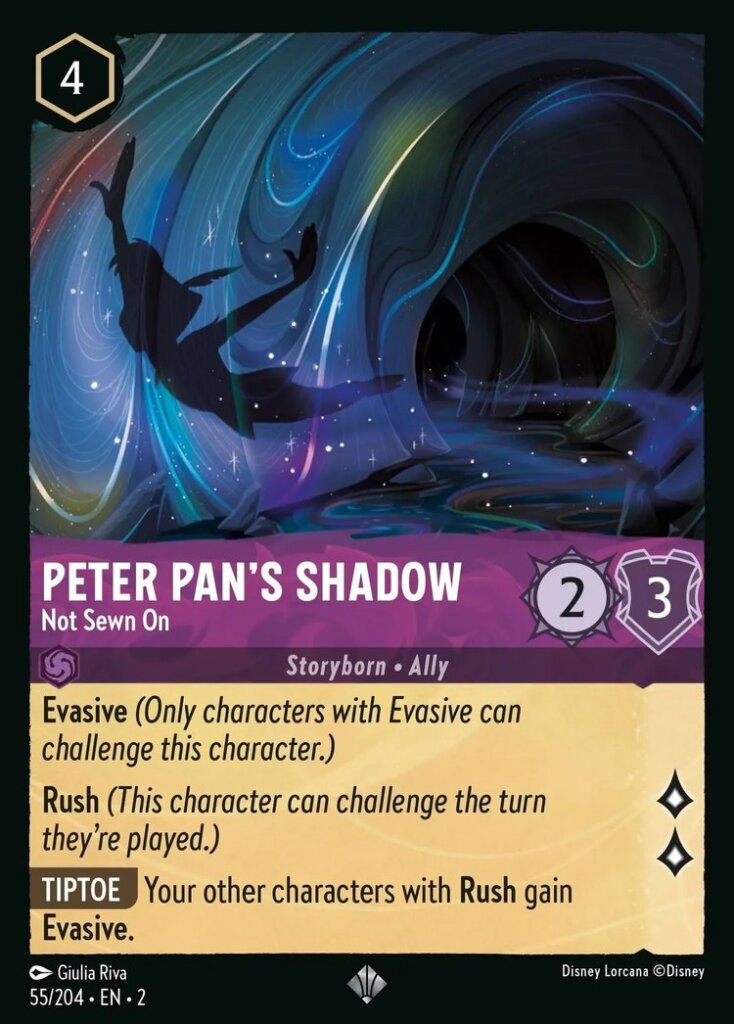 Disney Lorcana Set 2 Rise of the Floodborn. Peter Pan's Shadow "Not Sewn On" super rare trading card.