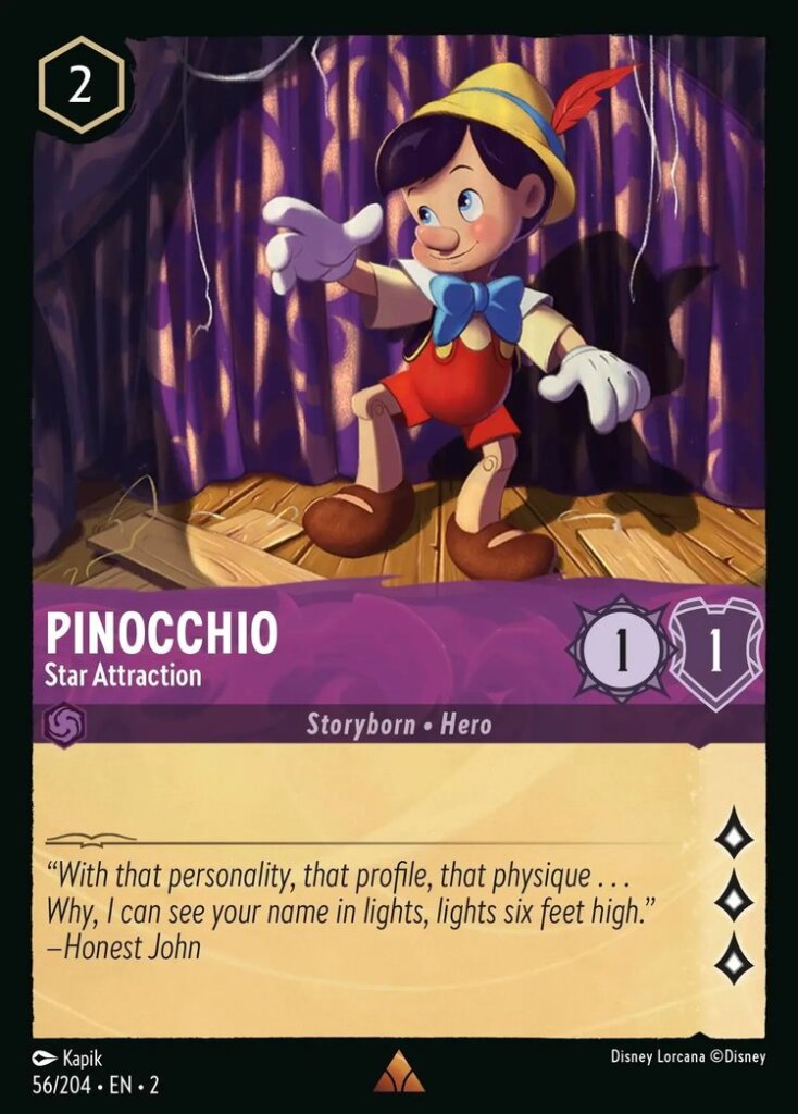 Disney Lorcana Set 2 Rise of the Floodborn. Pinocchio "Star Attraction" rare trading card.