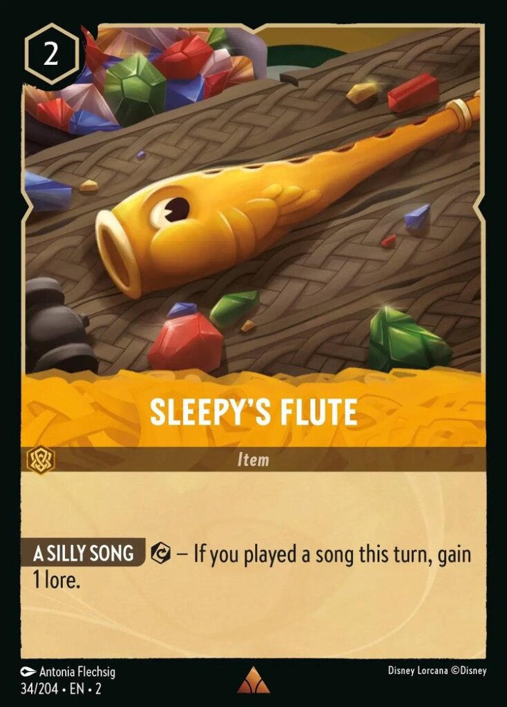 Disney Lorcana Set 2 Rise of the Floodborn. Sleepy's Flute rare trading card.