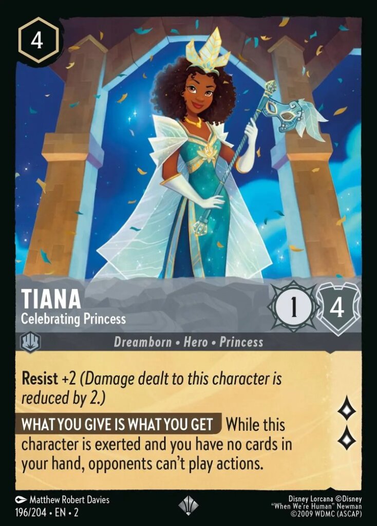 Disney Lorcana Set 2 Rise of the Floodborn. Tiana "Celebrating Princess" super rare card.