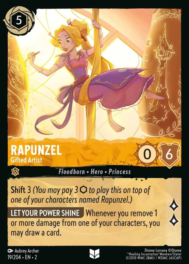 Disney Lorcana Set 2 Rise of the Floodborn. Rapunzel "Gifted Artist" uncommon trading card.