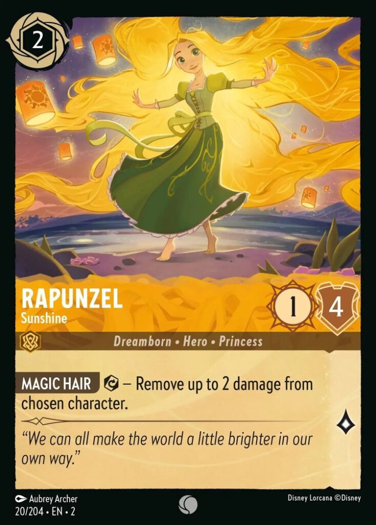 Disney Lorcana Set 2 Rise of the Floodborn. Rapunzel "Sunshine" common trading card.
