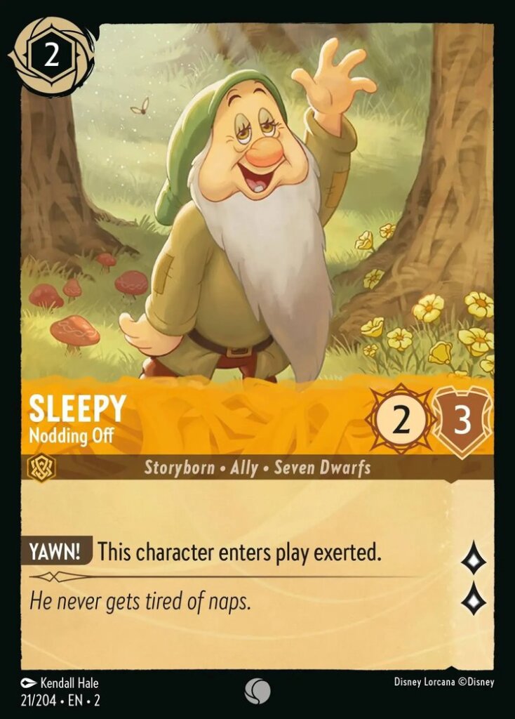 Disney Lorcana Set 2 Rise of the Floodborn. Sleepy "Nodding Off" common trading card.