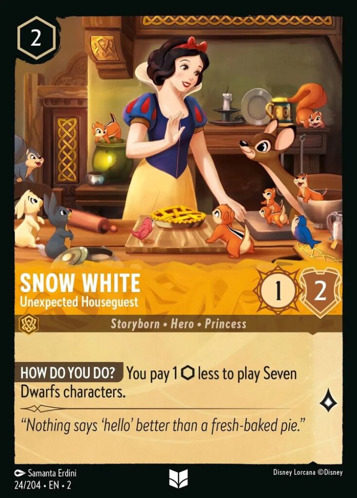 Disney Lorcana Set 2 Rise of the Floodborn. Snow White "Unexpected Houseguest" uncommon trading card.