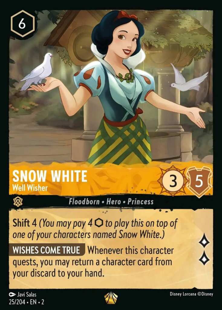 Disney Lorcana Set 2 Rise of the Floodborn. Snow White "Well Wisher" legendary trading card.