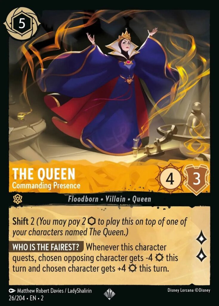 Disney Lorcana Set 2 Rise of the Floodborn. The Queen "Commanding Presence" super rare trading card.