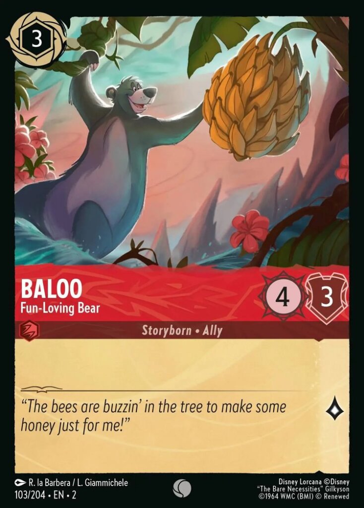 Disney Lorcana Set 2 Rise of the Floodborn. Baloo "Fun-Loving Bear" common trading card.