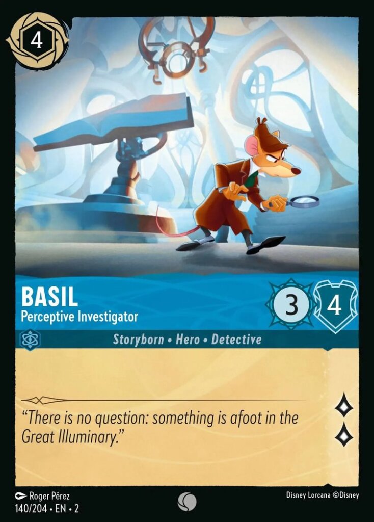 Disney Lorcana Set 2 Rise of the Floodborn. Basil "Perceptive Investigator" common trading card.