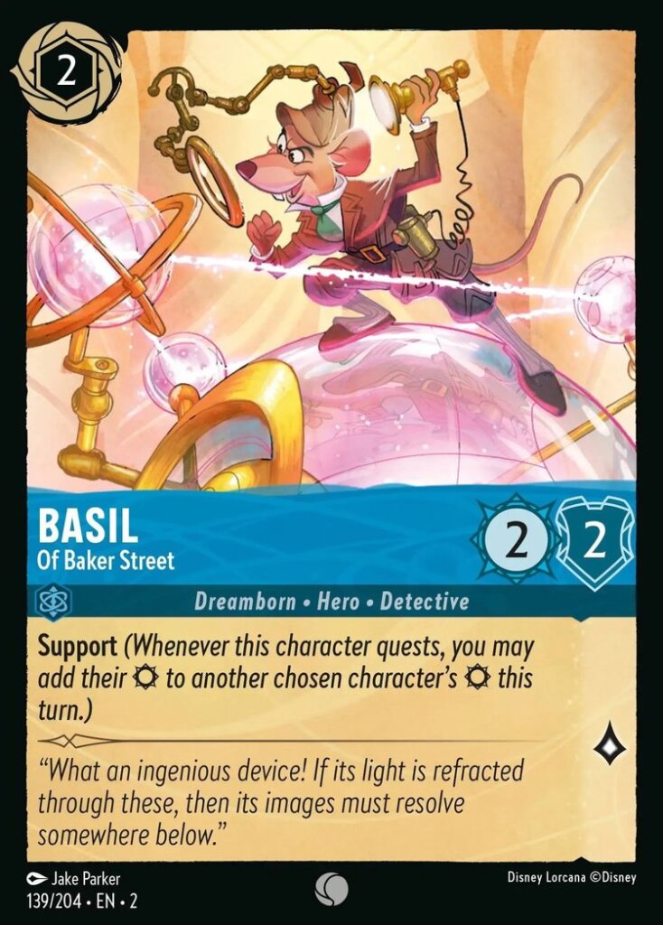 Disney Lorcana Set 2 Rise of the Floodborn. Basil "Of Baker Street" common trading card.