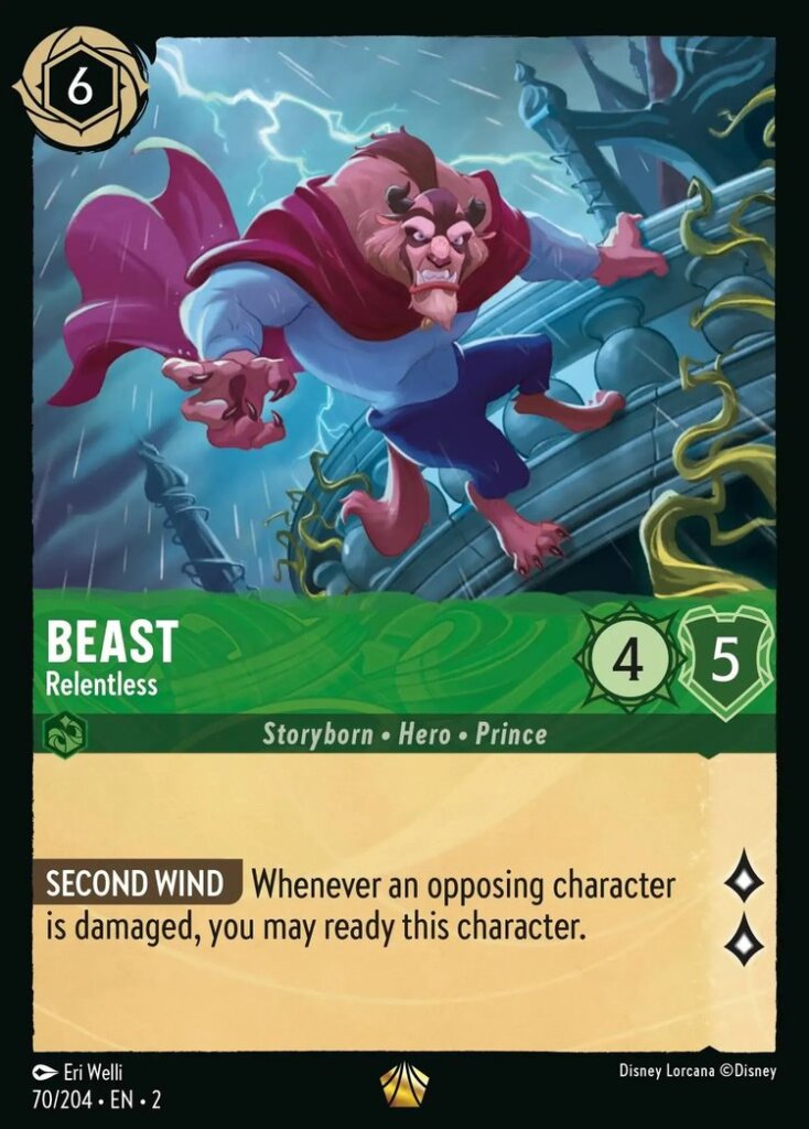 Disney Lorcana Set 2 Rise of the Floodborn. Beast "Relentless" legendary trading card.