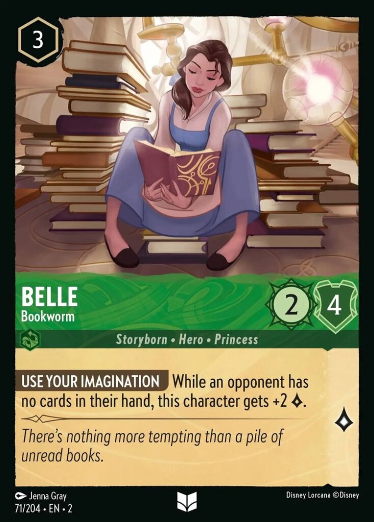 Disney Lorcana Set 2 Rise of the Floodborn. Belle "Bookworm" uncommon trading card.