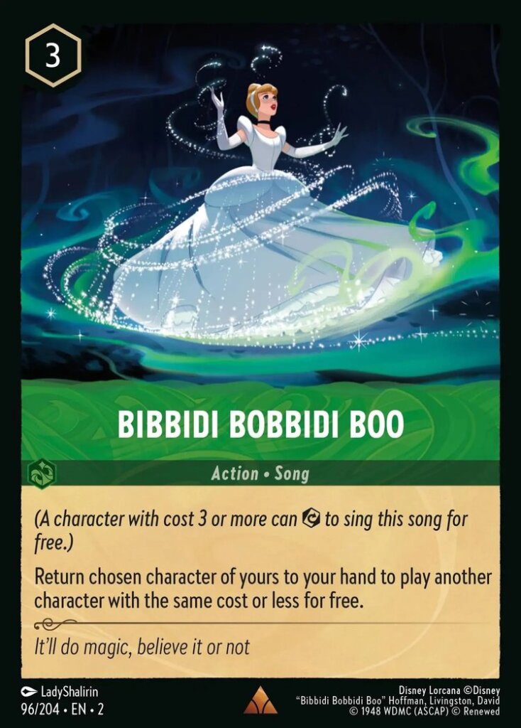 Disney Lorcana Set 2 Rise of the Floodborn. Bibbidi Bobbidi Boo rare trading card.