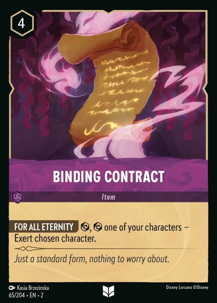 Disney Lorcana Set 2 Rise of the Floodborn. Binding Contract uncommon trading card.