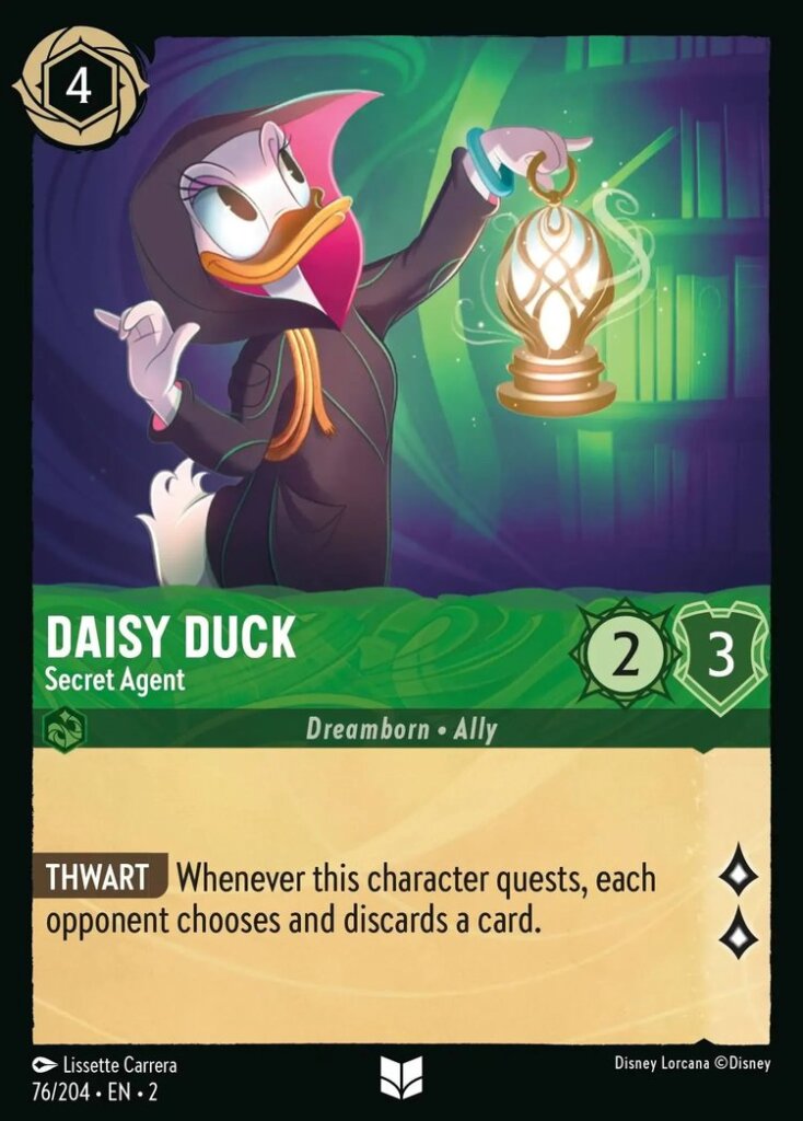 Disney Lorcana Set 2 Rise of the Floodborn. Daisy Duck "Secret Agent" uncommon trading card.