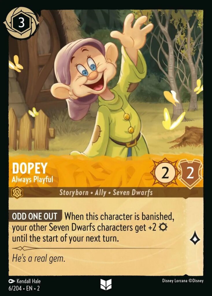 Disney Lorcana Set 2 Rise of the Floodborn. Dopey "Always Playful" uncommon trading card.