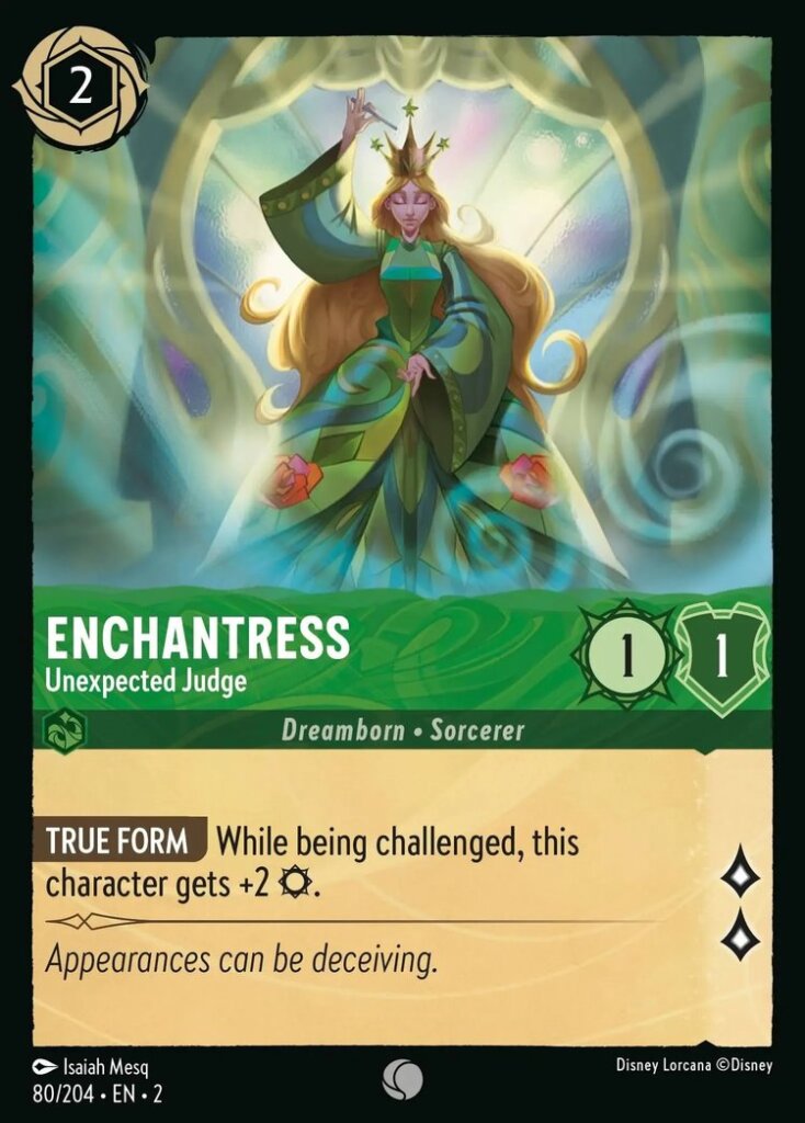 Disney Lorcana Set 2 Rise of the Floodborn. Enchantress "Unexpected Judge" common trading card.