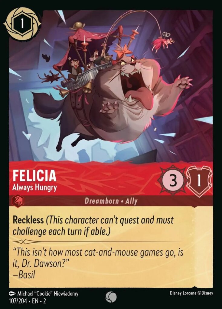 Disney Lorcana Set 2 Rise of the Floodborn. Felicia "Always Hungry" common trading card.