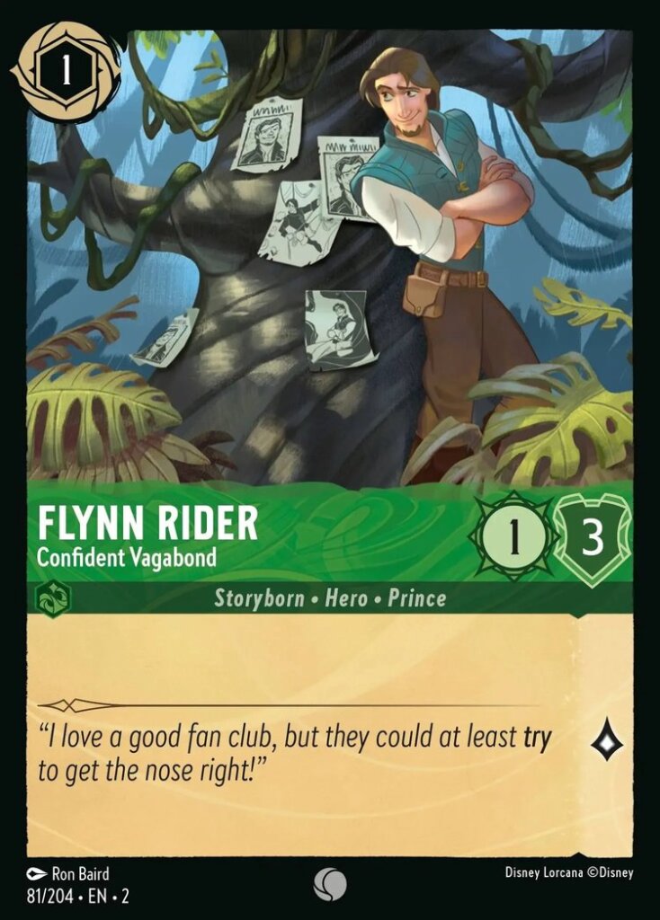 Disney Lorcana Set 2 Rise of the Floodborn. Flynn Rider "Confident Vagabond" common trading card.