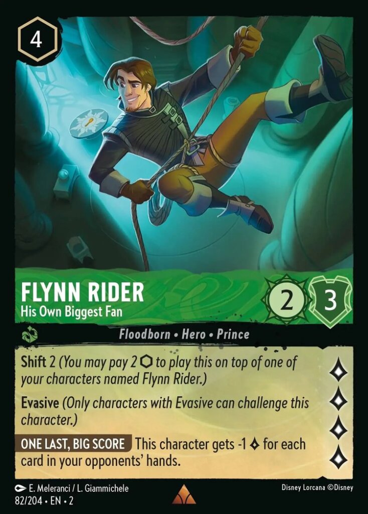 Disney Lorcana Set 2 Rise of the Floodborn. Flynn Rider "His Own Biggest Fan" rare trading card.