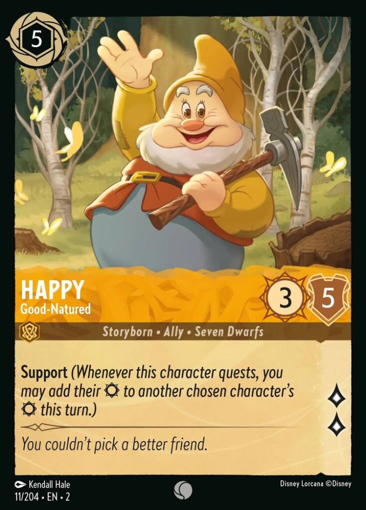 Disney Lorcana Set 2 Rise of the Floodborn. Happy "Good Natured" common trading card.