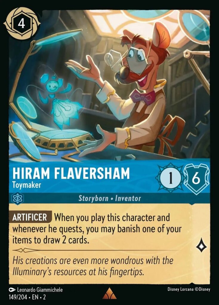Disney Lorcana Set 2 Rise of the Floodborn. Hiram Flaversham "Toymaker" rare trading card.