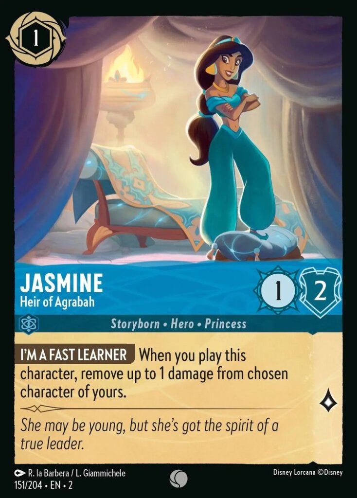 Disney Lorcana Set 2 Rise of the Floodborn. Jasmine "Heir of Agrabah" common trading card.
