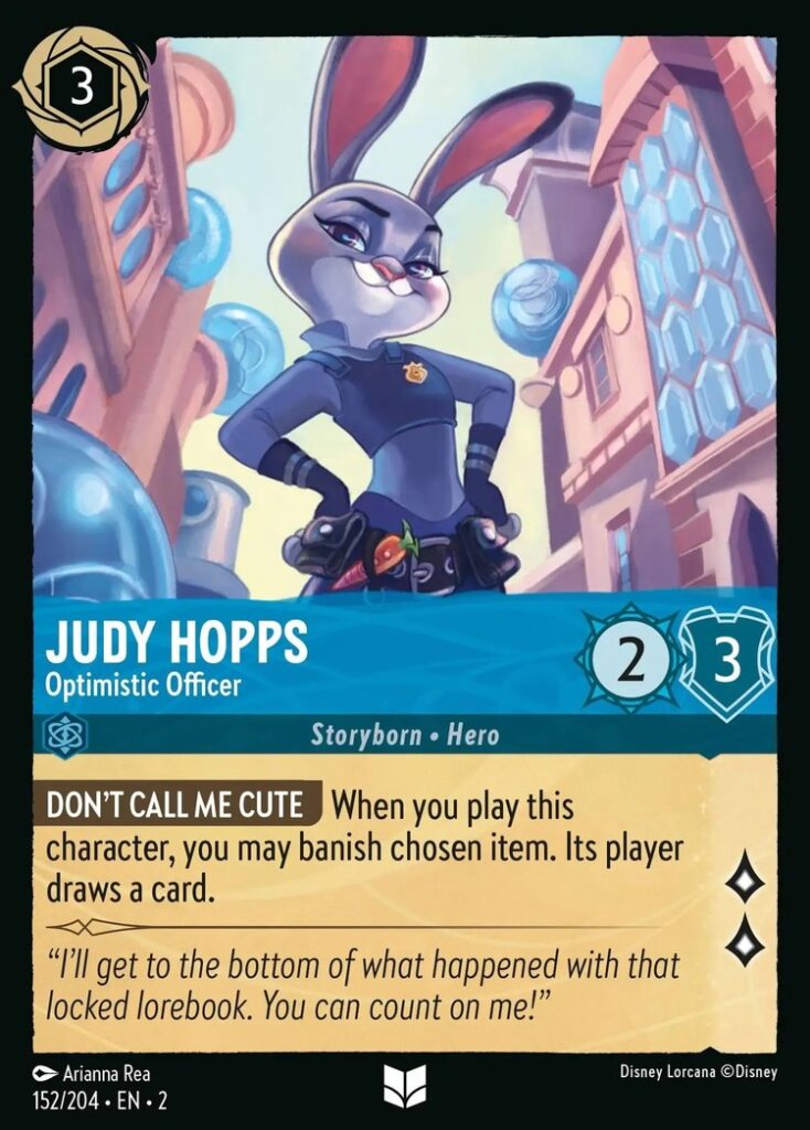 Disney Lorcana Set 2 Rise of the Floodborn. Judy Hopps "Optimistic Officer" uncommon trading card.