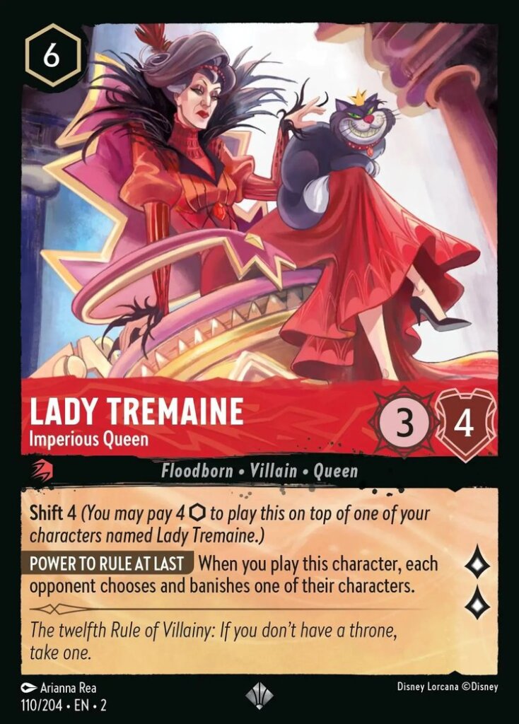 Disney Lorcana Set 2 Rise of the Floodborn. Lady Tremaine "Imperious Queen" super rare trading card.