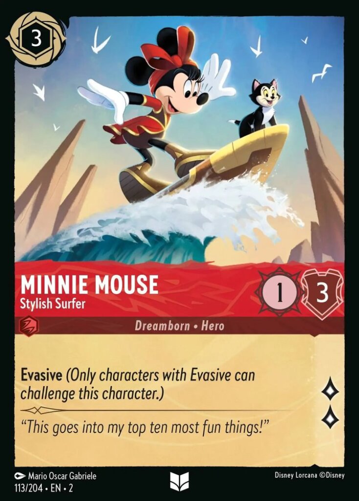 Disney Lorcana Set 2 Rise of the Floodborn. Minnie Mouse "Stylish Surfer" uncommon trading card.