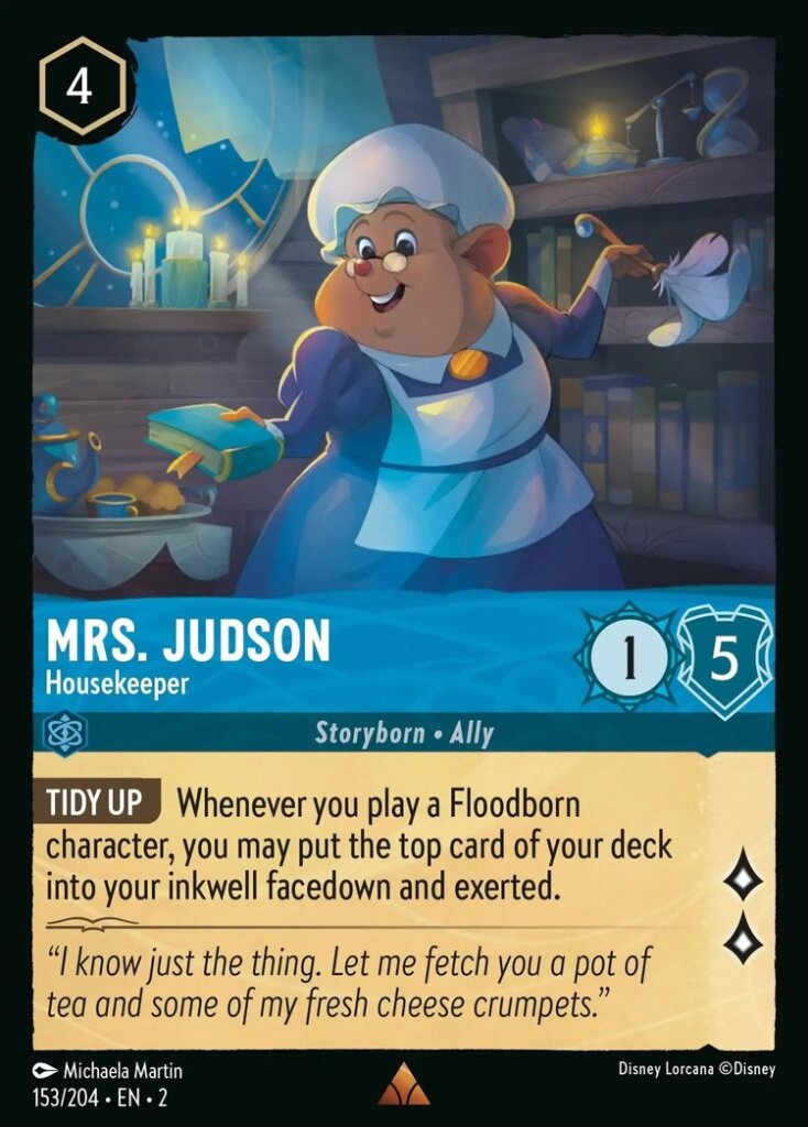 Disney Lorcana Set 2 Rise of the Floodborn. Mrs Judson "Housekeeper" rare trading card.