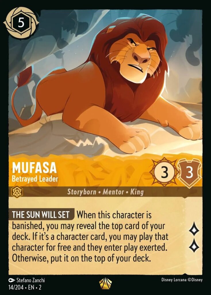 Disney Lorcana Set 2 Rise of the Floodborn. Mufasa "Betrayed Leader" legendary trading card.