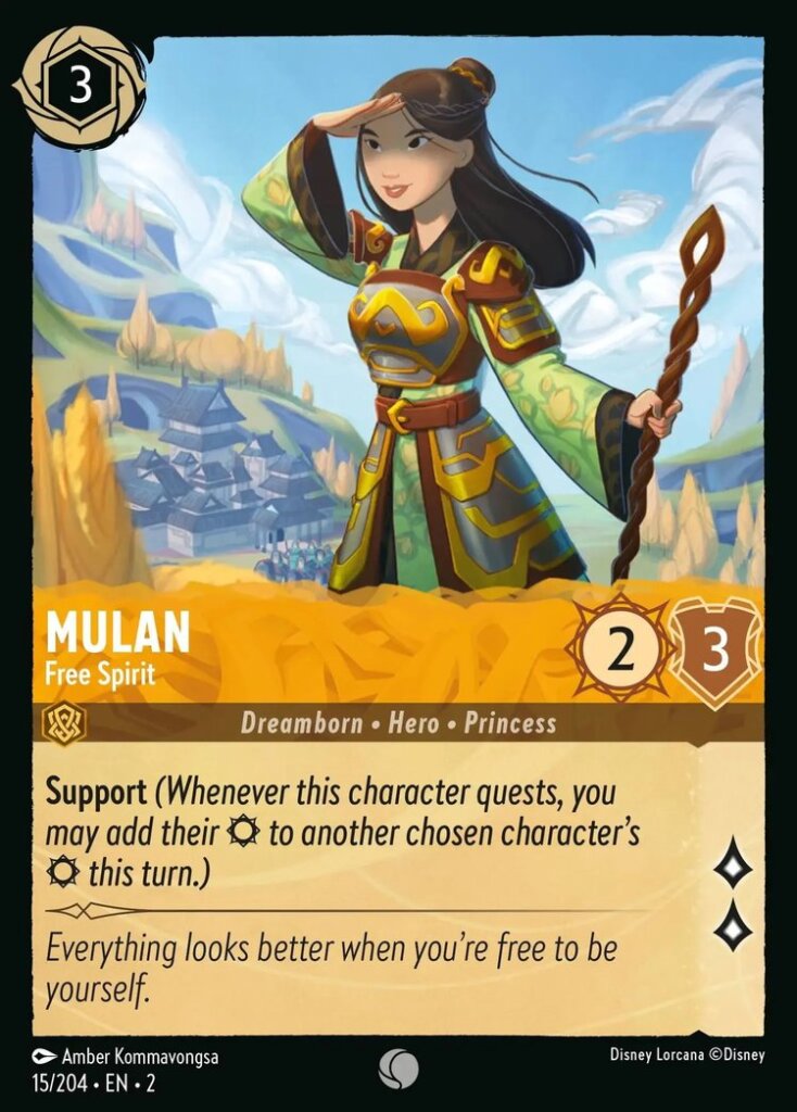 Disney Lorcana Set 2 Rise of the Floodborn. Mulan "Free Spirit" common trading card.