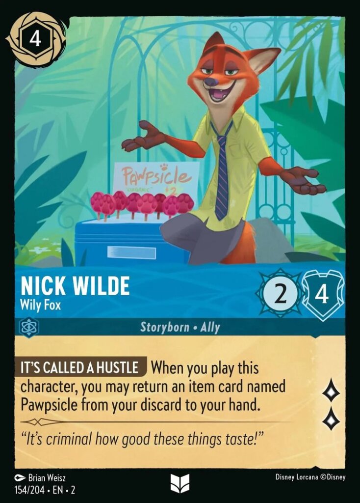 Disney Lorcana Set 2 Rise of the Floodborn. Nick Wilde "Wily Fox" uncommon trading card.